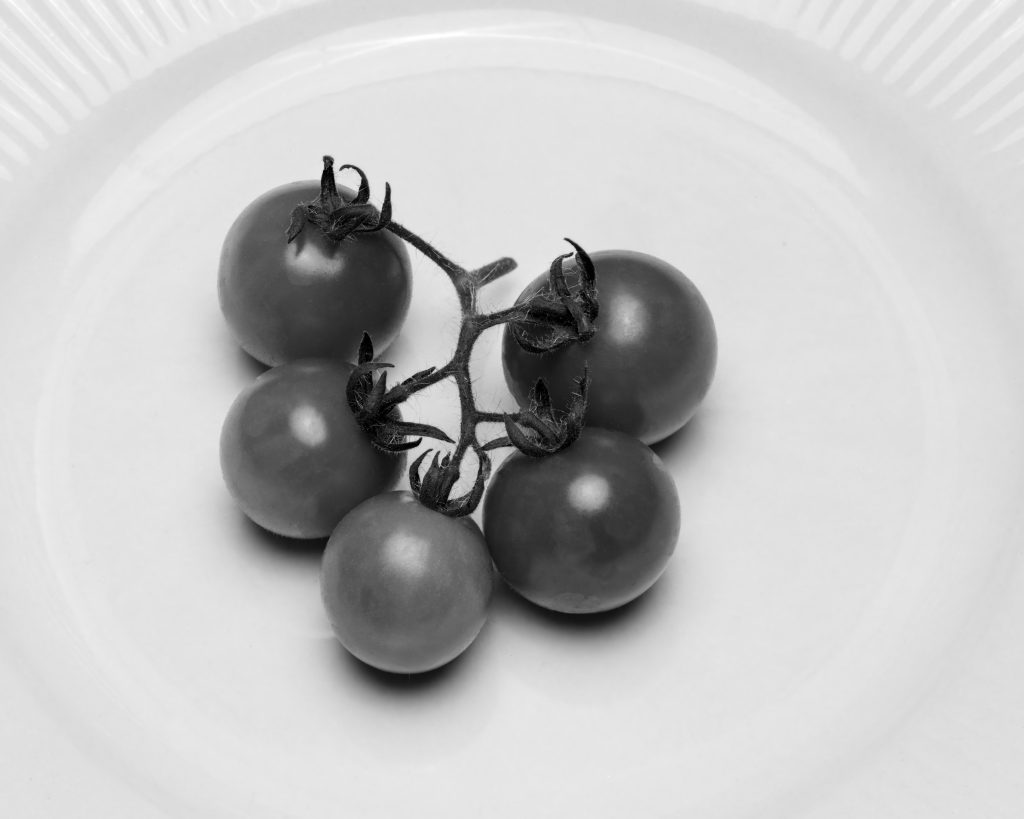 Black and White Close up of some homegrown Cherry Tomatoes on a white plate. As usual, captured on B/W film with a large format camera